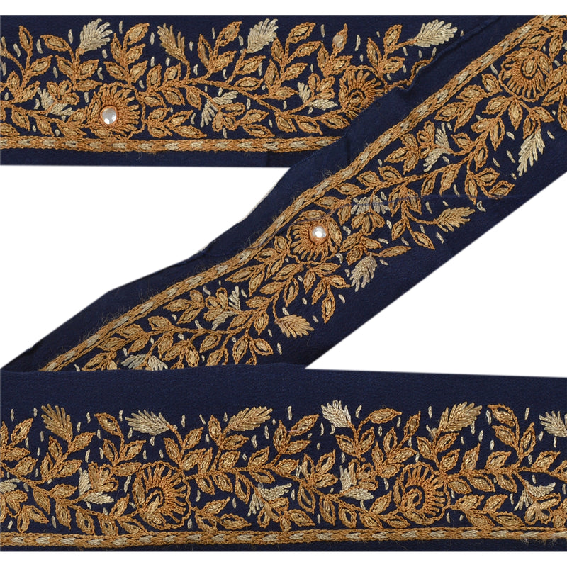 Sanskriti Vintage 1 Yd Sari Border Hand Embroidered Indian Trim Ribbon Blue Lace