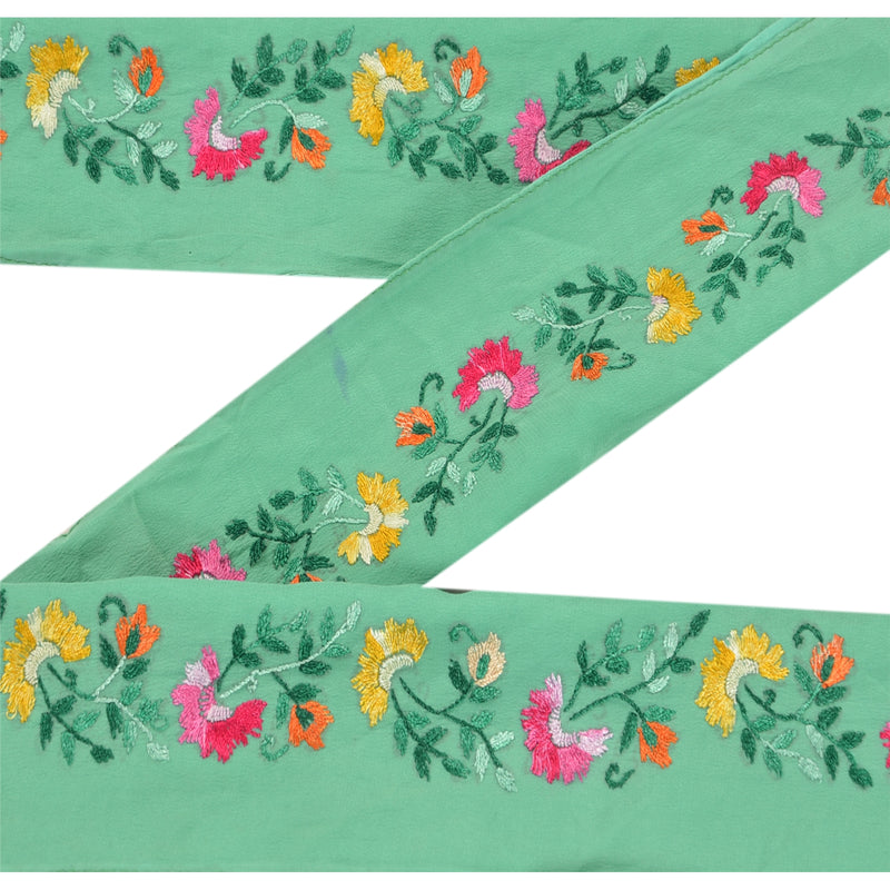 Sanskriti Vintage 1Yd Sari Border Hand Embroidered Indian Trim Ribbon Green Lace