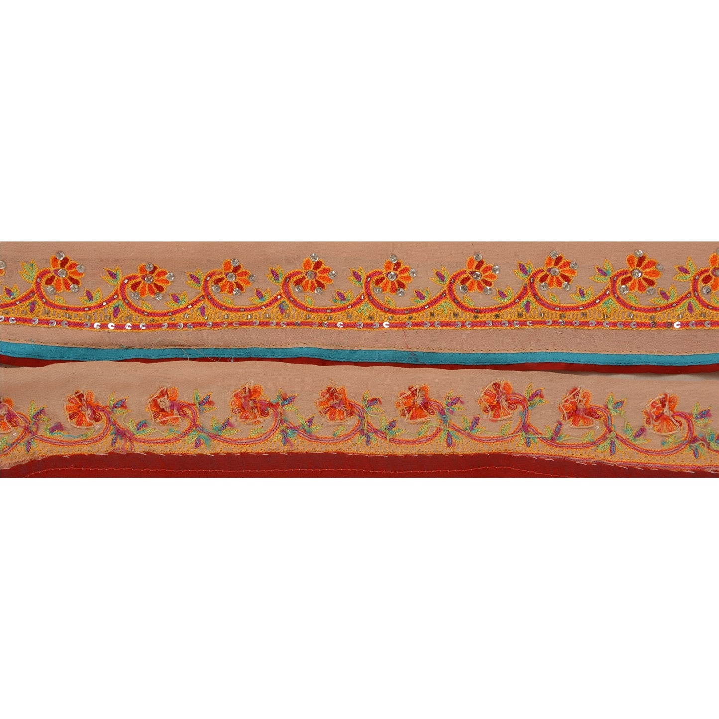 Sanskriti Vintage 1 YD Sari Border Hand Beaded Craft Trim Sewing Peach Lace