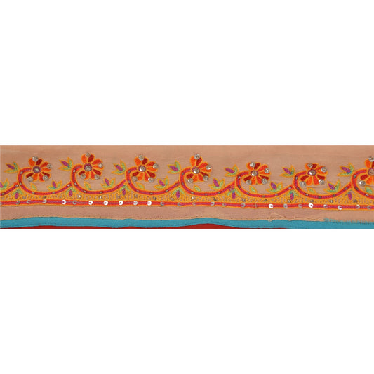 Sanskriti Vintage 1 YD Sari Border Hand Beaded Craft Trim Sewing Peach Lace