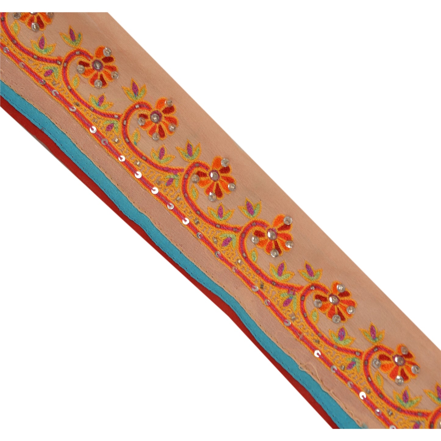 Sanskriti Vintage 1 YD Sari Border Hand Beaded Craft Trim Sewing Peach Lace