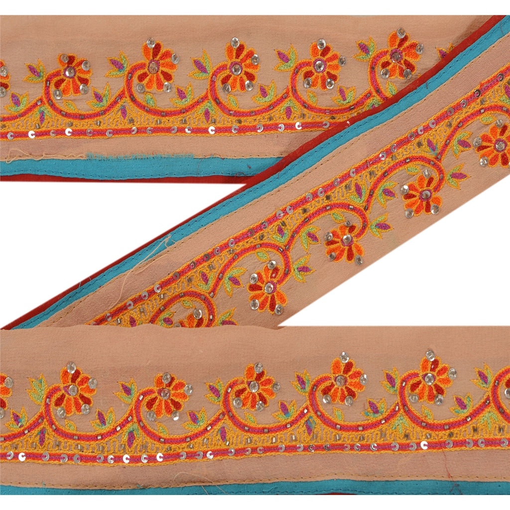 Sanskriti Vintage 1 YD Sari Border Hand Beaded Craft Trim Sewing Peach Lace