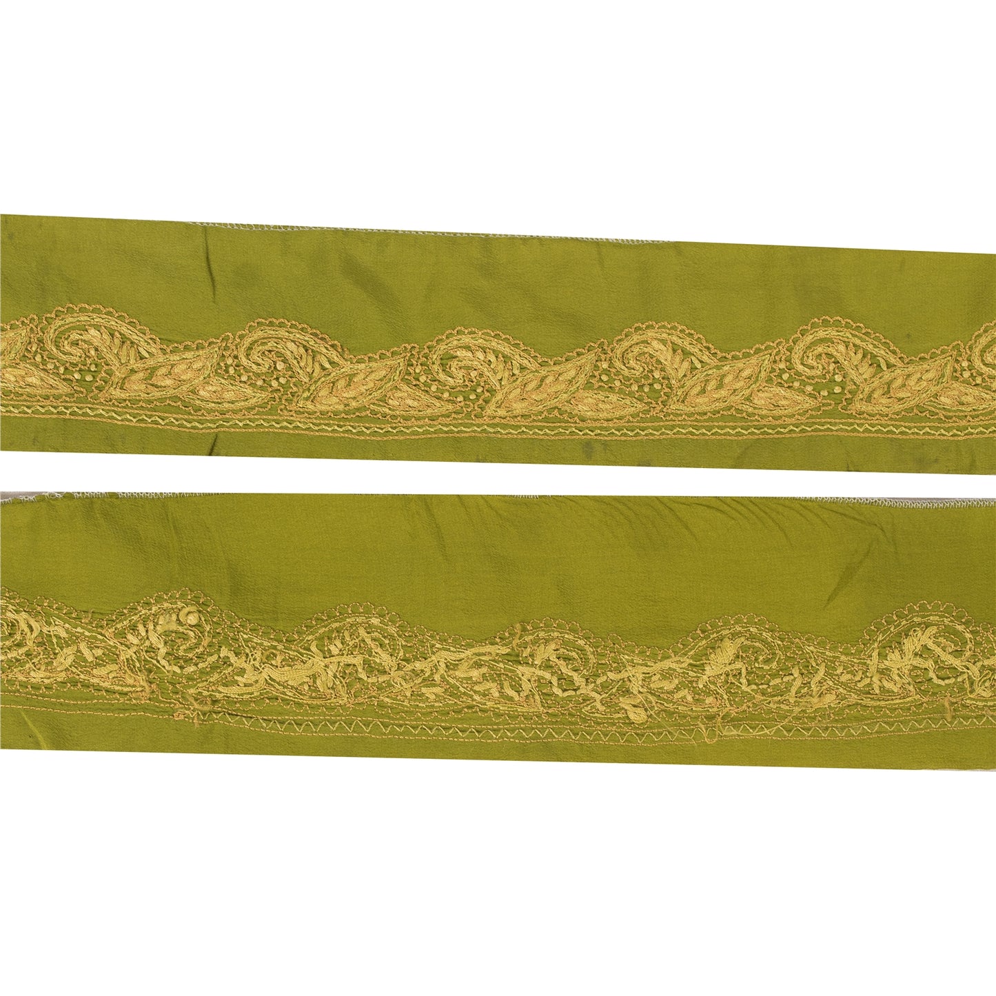 Sanskriti Vintage 1 YD Sari Border Hand Embroidered Craft Trim Ribbon Green Lace