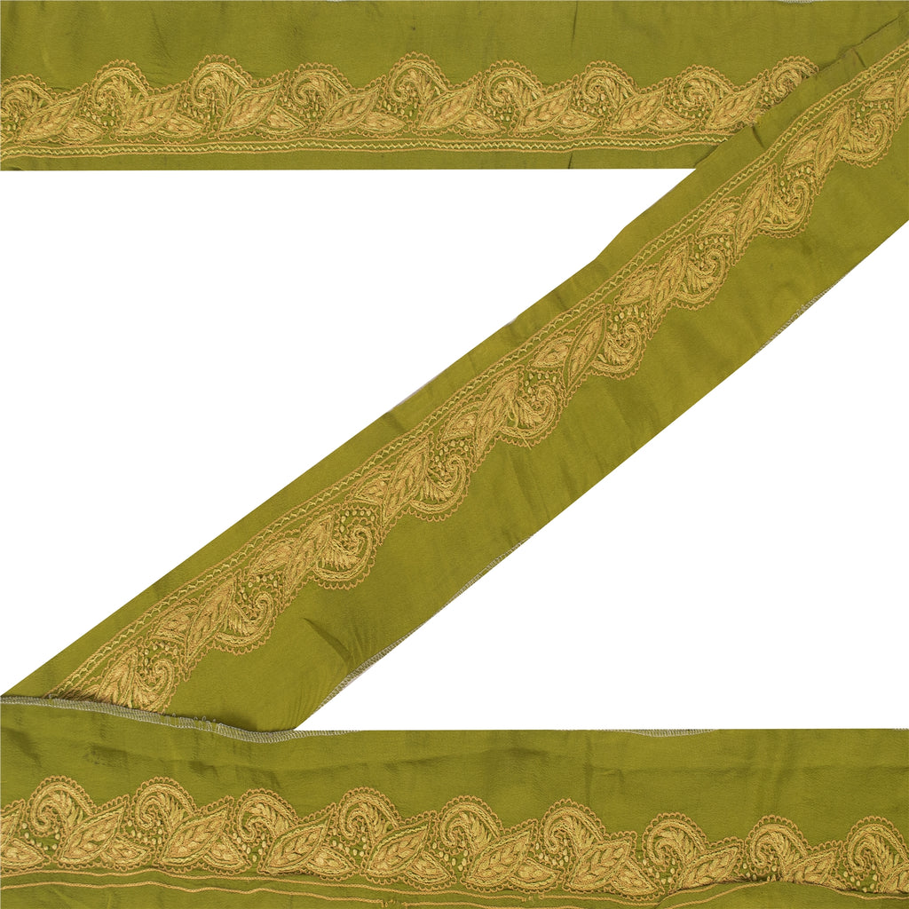 Sanskriti Vintage 1 YD Sari Border Hand Embroidered Craft Trim Ribbon Green Lace