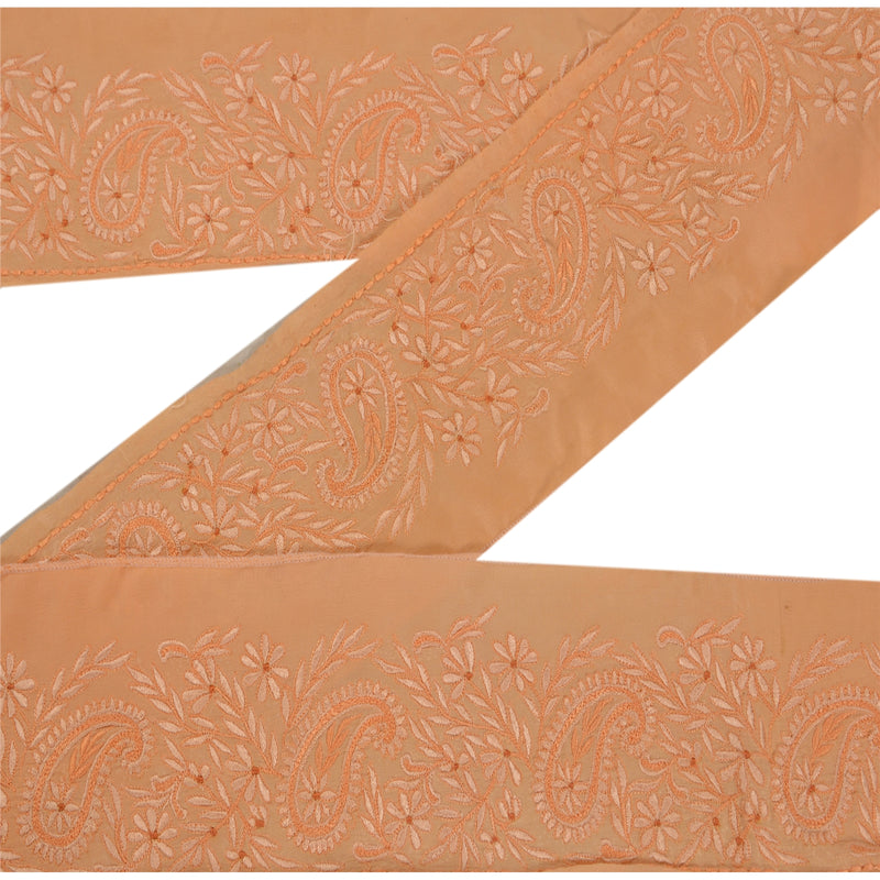 Sanskriti Vintage Saree/Sari 1Yd Border Crepe Silk Embroidered Trim Sewing Craft Peach Decor 3 W Thread Work Lace upholstery fabric