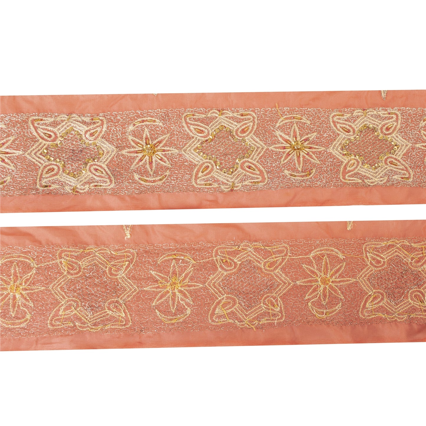 Sanskriti Vintage 1 YD Sari Border Hand Beaded Zari Craft Trim Sewing Peach Lace