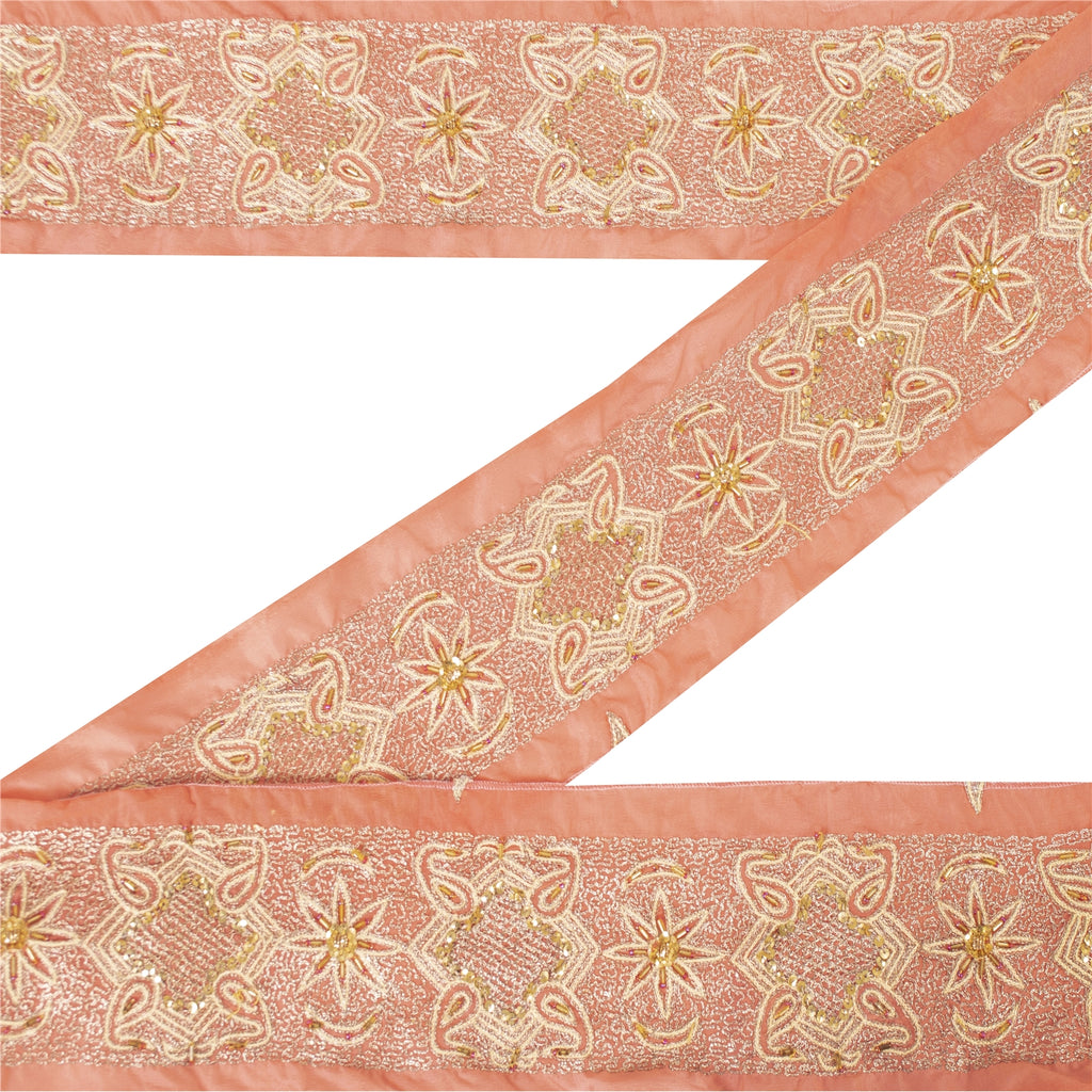Sanskriti Vintage 1 YD Sari Border Hand Beaded Zari Craft Trim Sewing Peach Lace