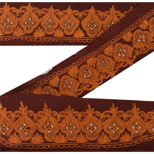 Sanskriti Vintage 1 Yd Sari Border Hand Embroidered Craft Trim Ribbon Brown Lace