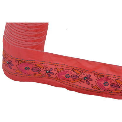Sanskriti Vintage  1 YD Sari Border Craft Hand Embroidered Kantha Trim Pink Lace