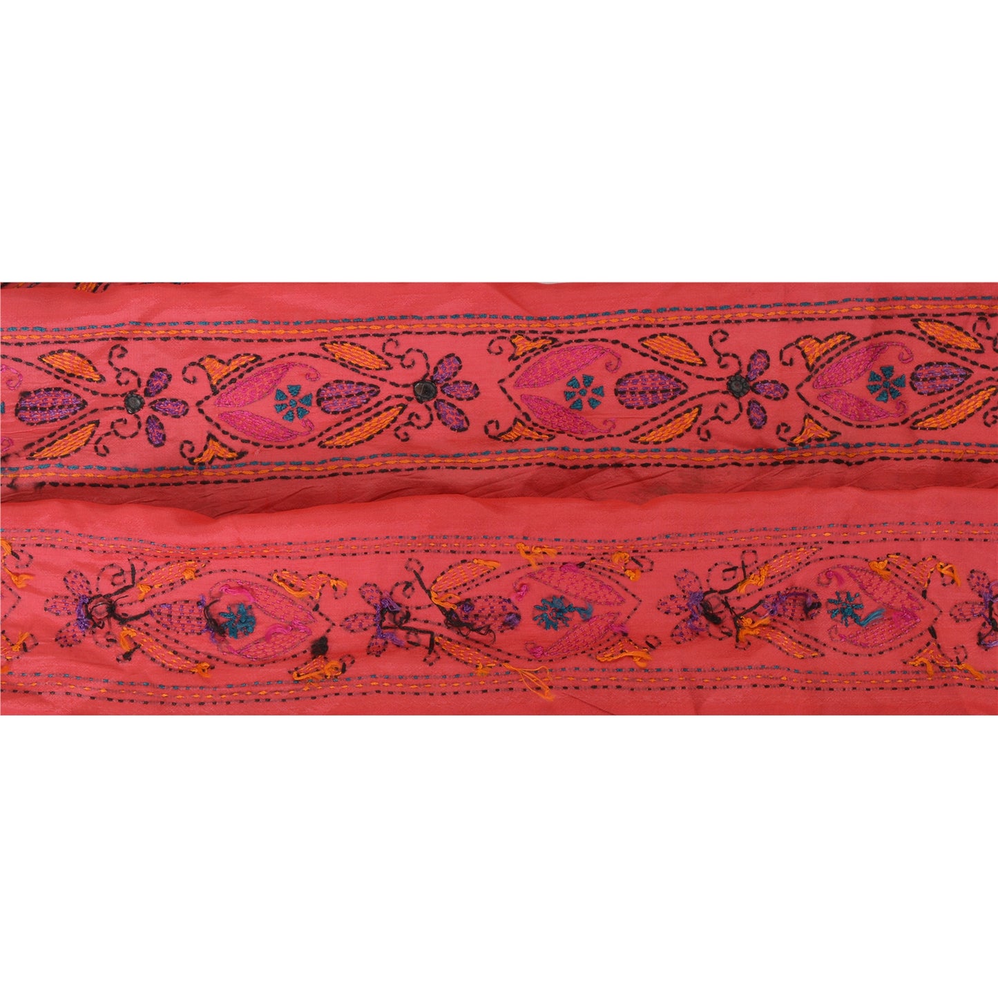 Sanskriti Vintage  1 YD Sari Border Craft Hand Embroidered Kantha Trim Pink Lace