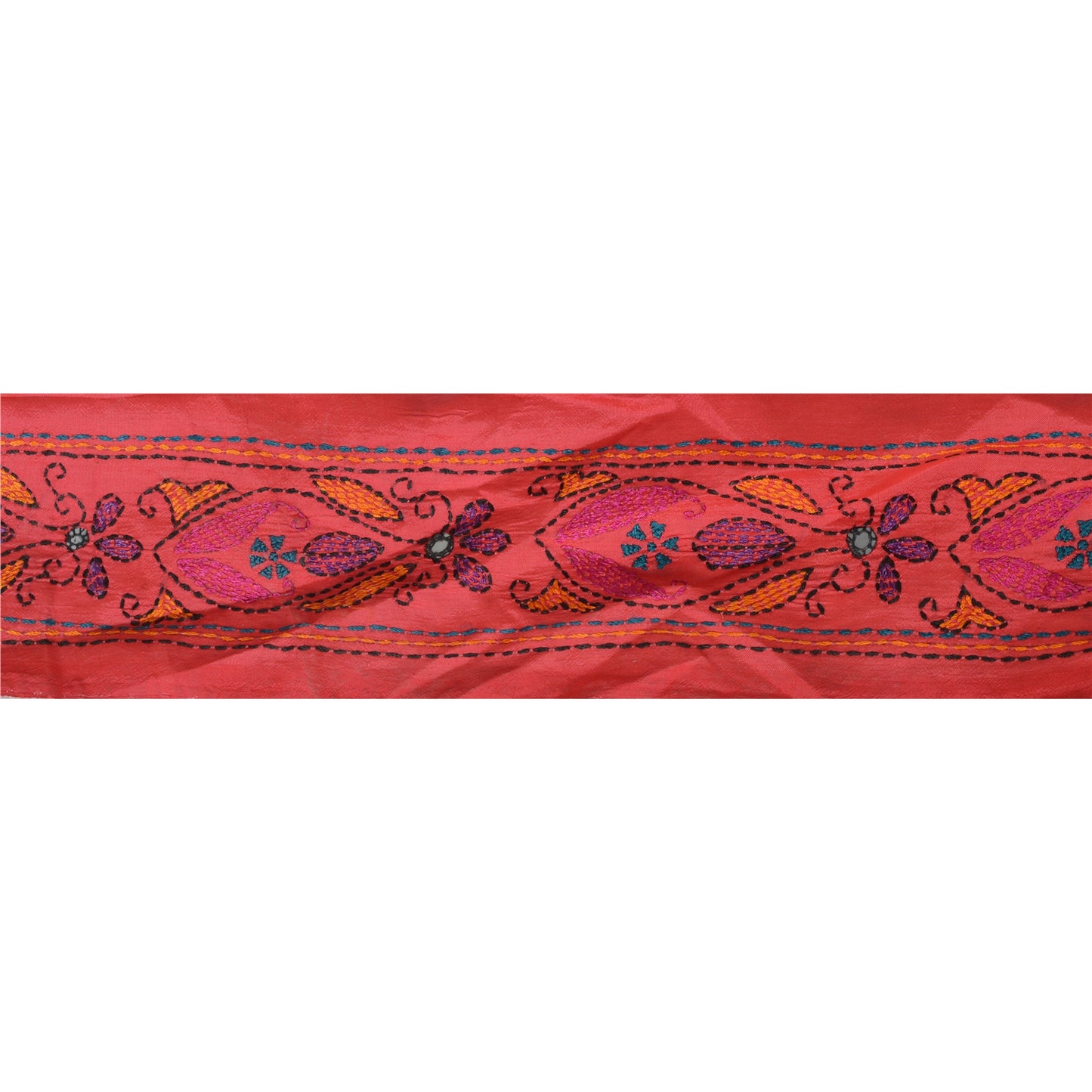 Sanskriti Vintage  1 YD Sari Border Craft Hand Embroidered Kantha Trim Pink Lace