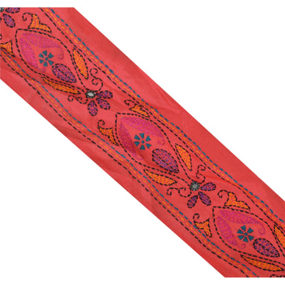 Sanskriti Vintage  1 YD Sari Border Craft Hand Embroidered Kantha Trim Pink Lace