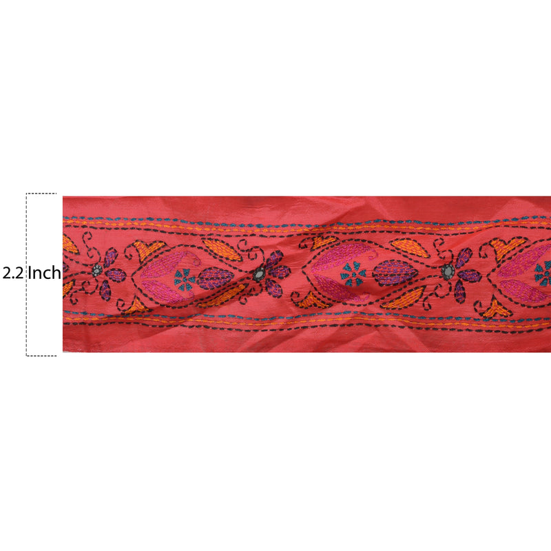Sanskriti Vintage  1 YD Sari Border Craft Hand Embroidered Kantha Trim Pink Lace