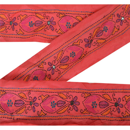 Sanskriti Vintage  1 YD Sari Border Craft Hand Embroidered Kantha Trim Pink Lace