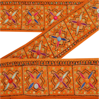 Sanskriti Vintage 1 YARD Sari Border Hand Beaded Craft Trim Sewing Orange Lace