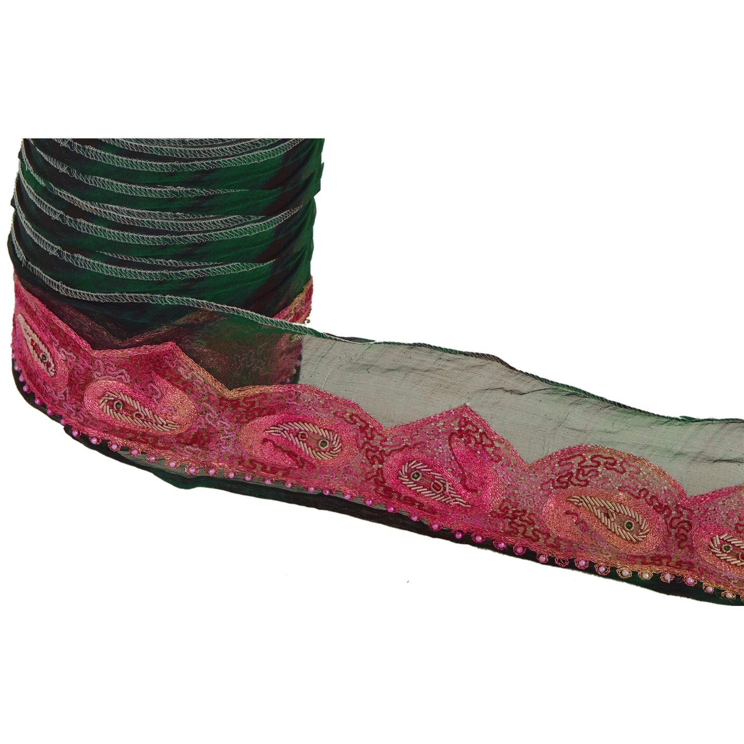 Sanskriti Vintage 1 YD Sari Border Hand Beaded Craft Trim Sewing Green Lace