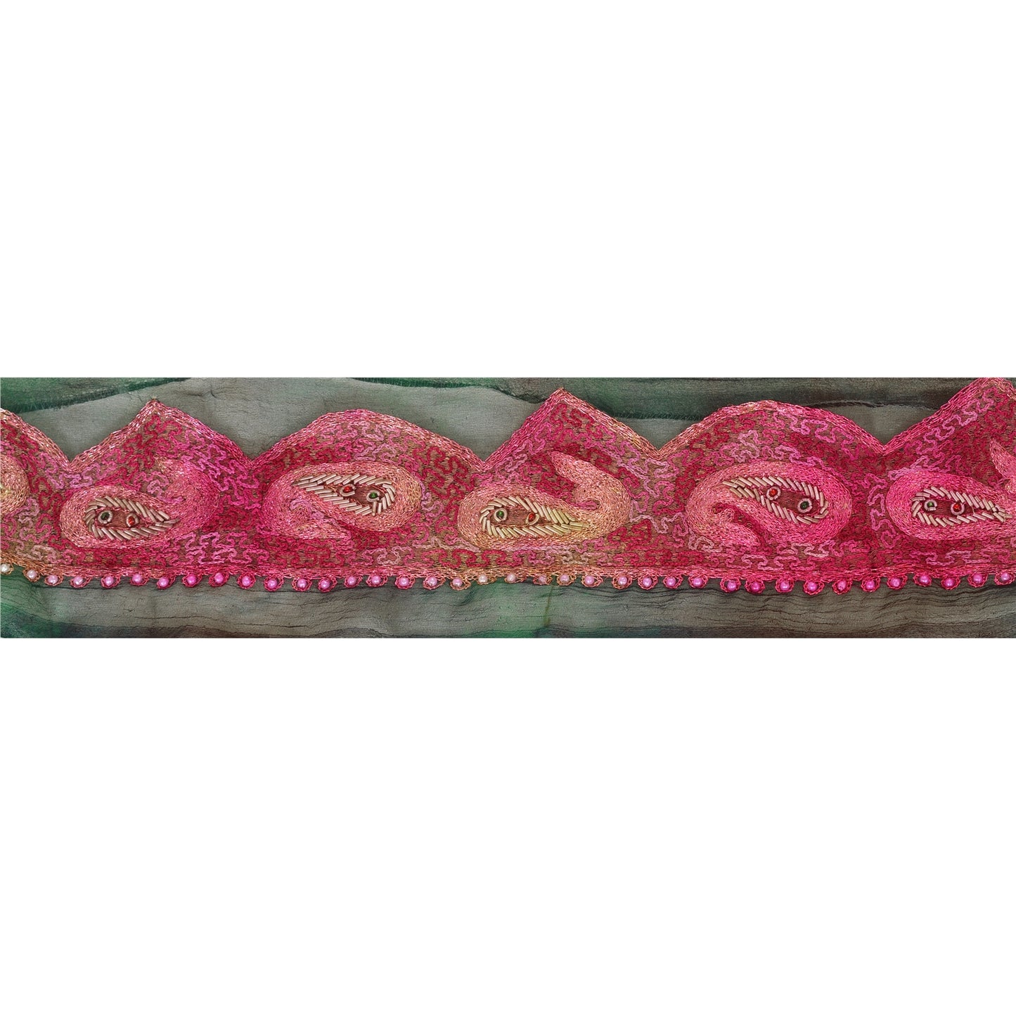 Sanskriti Vintage 1 YD Sari Border Hand Beaded Craft Trim Sewing Green Lace