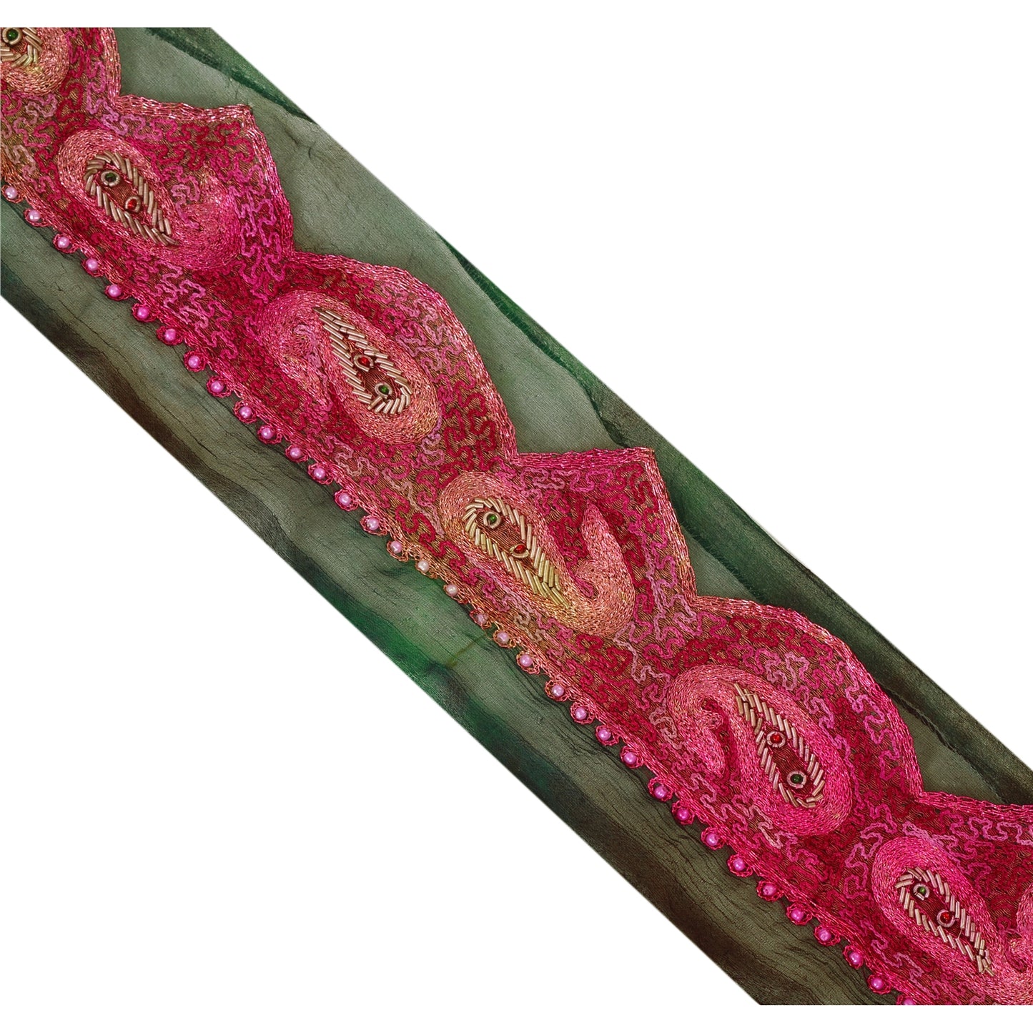 Sanskriti Vintage 1 YD Sari Border Hand Beaded Craft Trim Sewing Green Lace