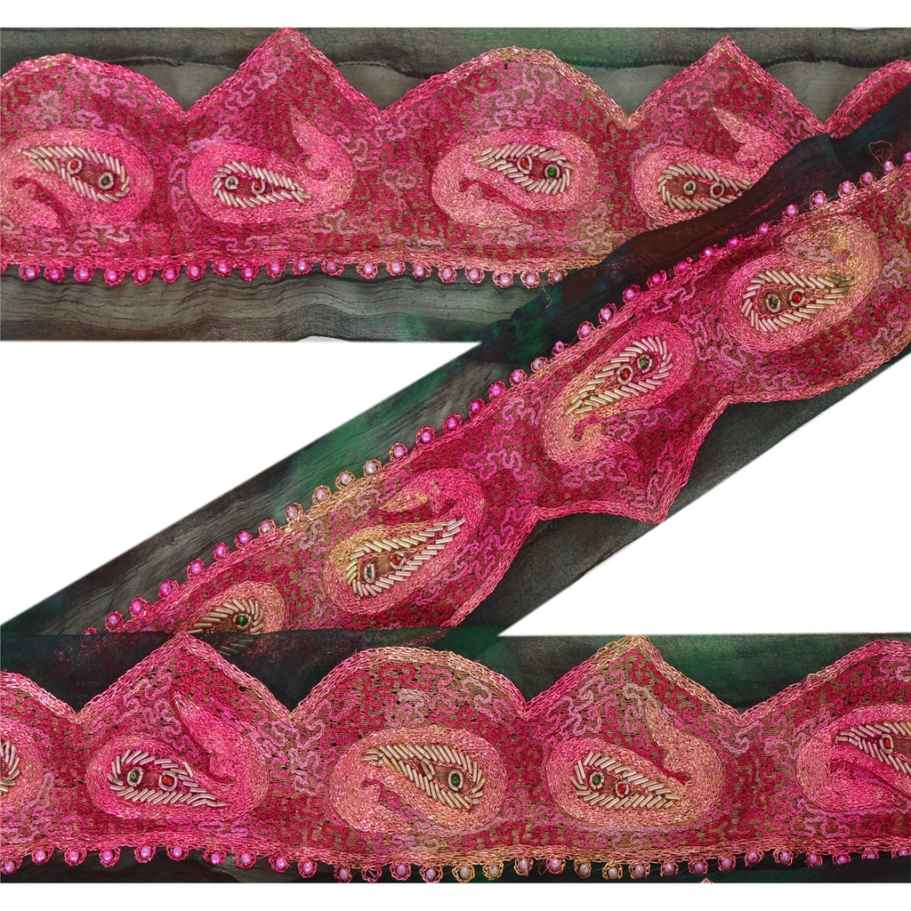 Sanskriti Vintage 1 YD Sari Border Hand Beaded Craft Trim Sewing Green Lace
