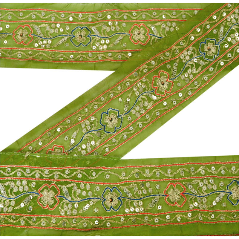 Sanskriti Vintage 1 Yd Sari Border Hand Beaded Craft Trim Sewing Green Lace