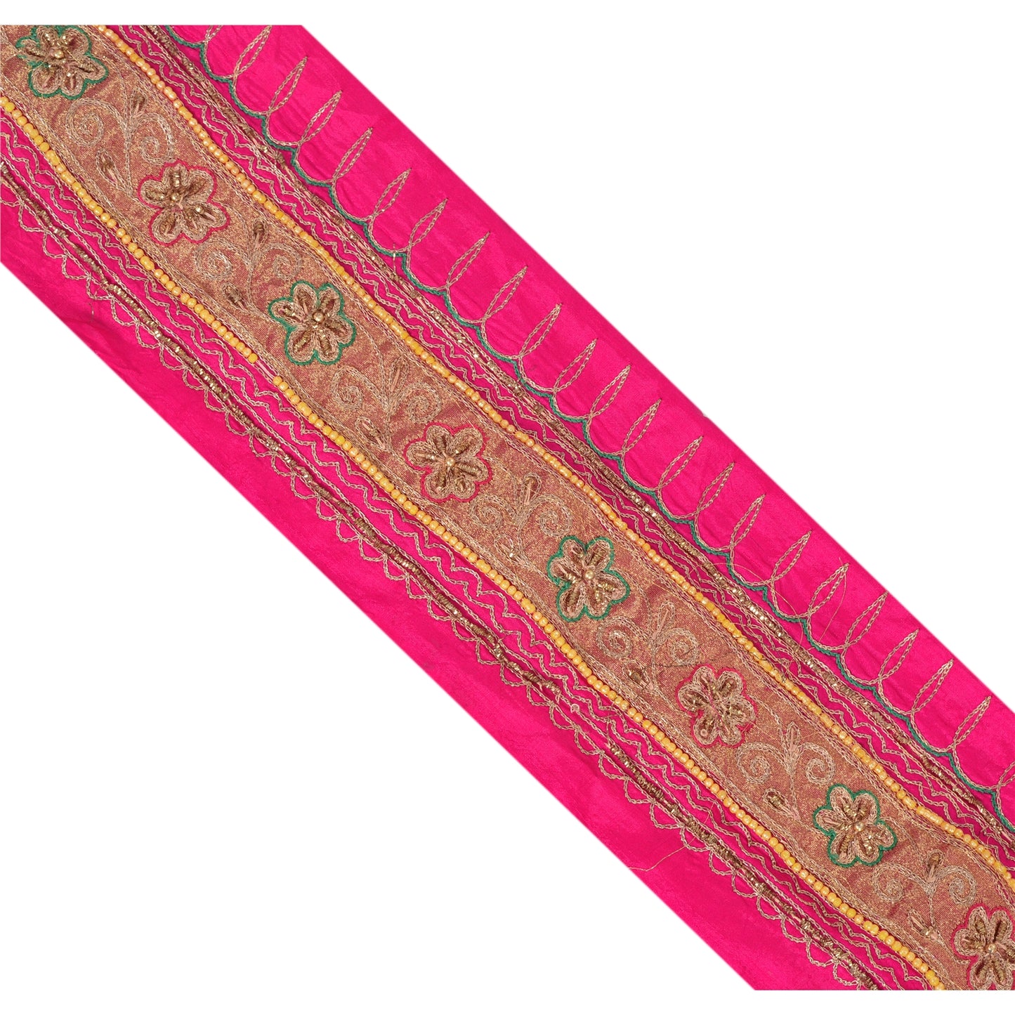 Sanskriti Vintage 1 YD Sari Border Hand Beaded Craft Trim Sewing Pink Zari Lace