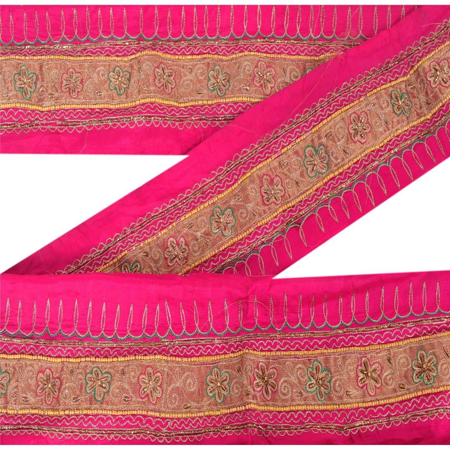 Sanskriti Vintage 1 YD Sari Border Hand Beaded Craft Trim Sewing Pink Zari Lace