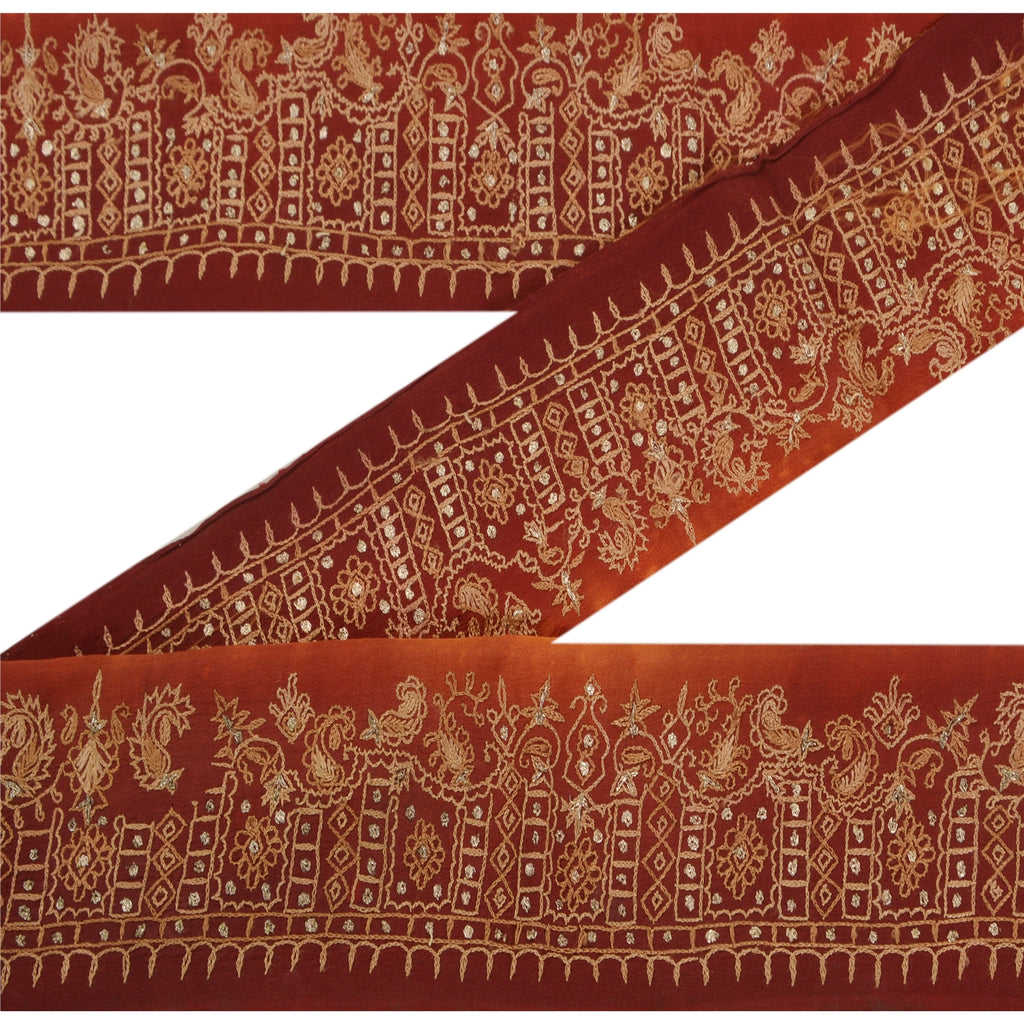 Sanskriti Vintage 1 Yd Sari Border Antique Hand Embroidered Trim Sewing Craft Brown Lace