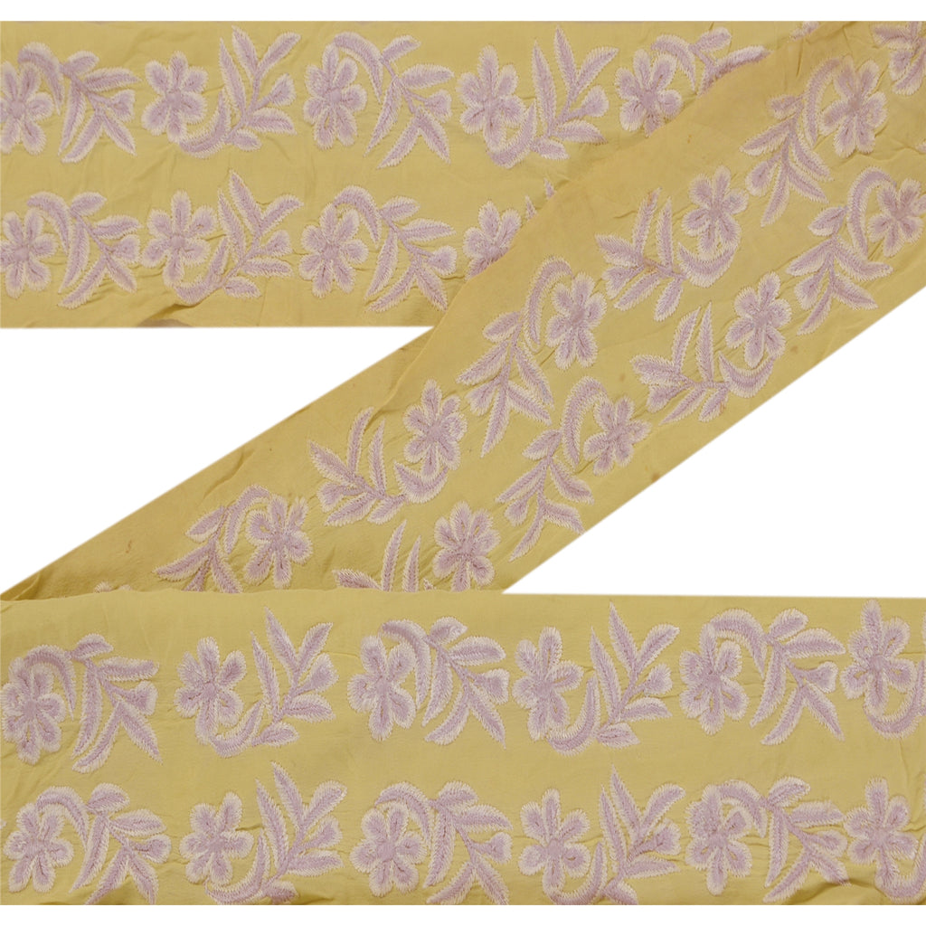 SANSKRITI VINTAGESari Border Antique Embroidered Trim Sewing 1 Yd Cream Floral