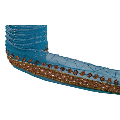 Sanskriti Vintage 1YD Sari Border Hand Beaded Trim Dabka ZardoziRibbon Blue Lace