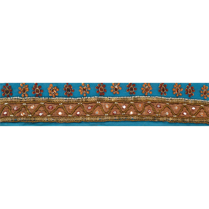 Sanskriti Vintage 1YD Sari Border Hand Beaded Trim Dabka ZardoziRibbon Blue Lace