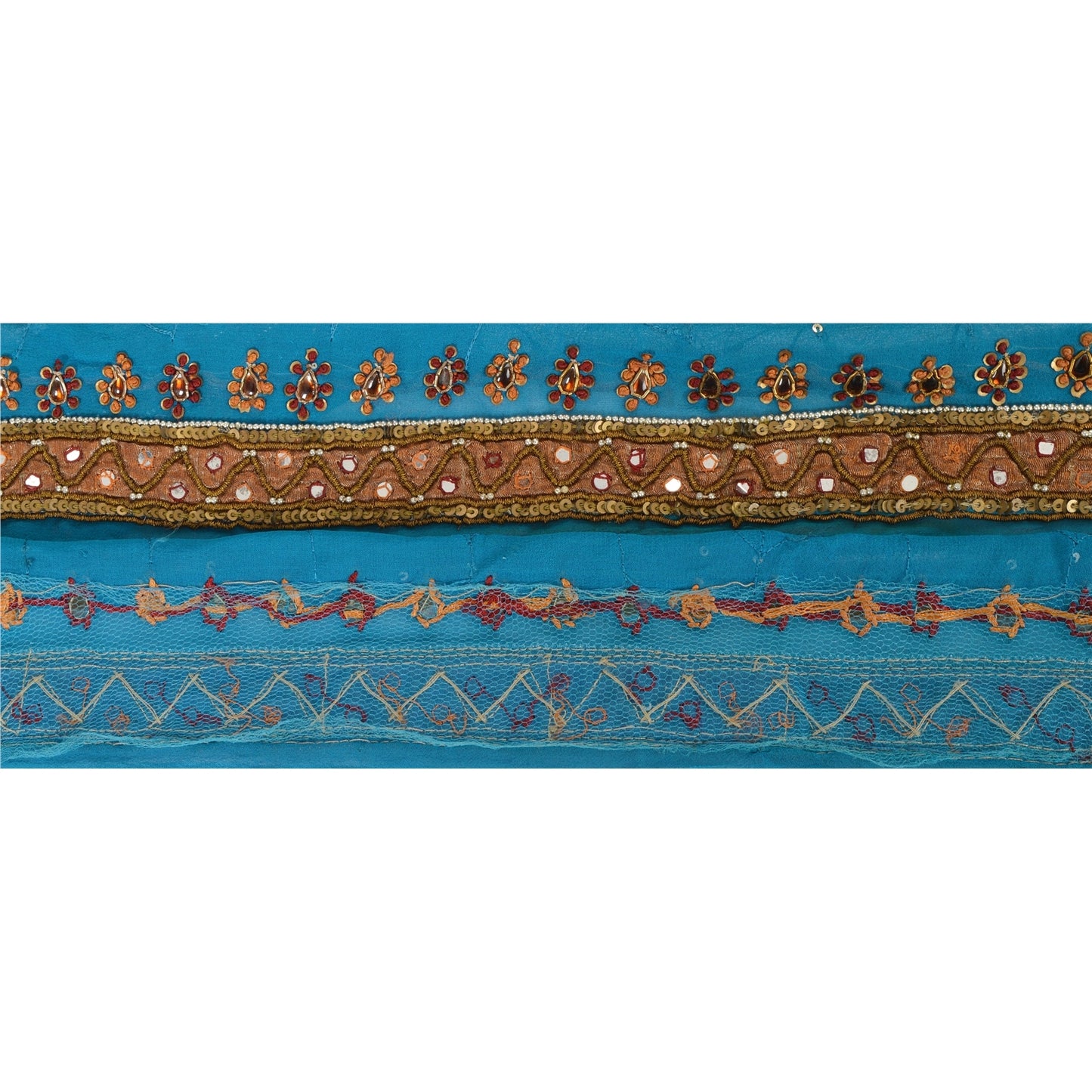 Sanskriti Vintage 1YD Sari Border Hand Beaded Trim Dabka ZardoziRibbon Blue Lace