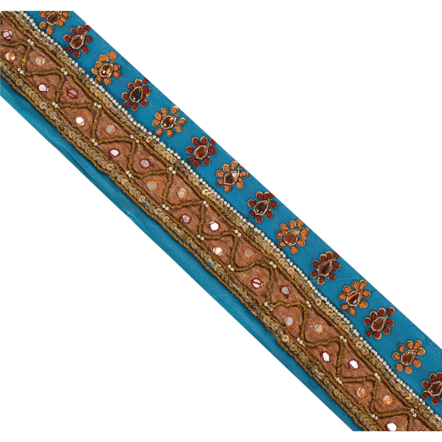 Sanskriti Vintage 1YD Sari Border Hand Beaded Trim Dabka ZardoziRibbon Blue Lace