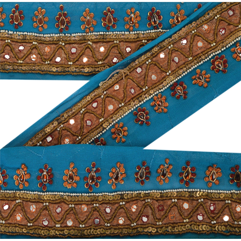 Sanskriti Vintage 1YD Sari Border Hand Beaded Trim Dabka ZardoziRibbon Blue Lace