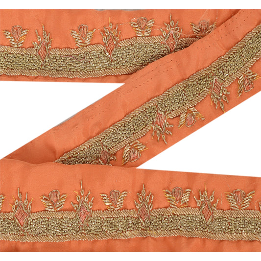Sanskriti Vintage 1 Yd Sari Border Hand Embroidered Craft Trim Ribbon Peach Lace