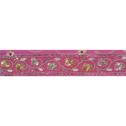 Sanskriti Vintage 1 Yd Sari Border Hand Beaded Craft Trim Dã©Cor Ribbon Pink Lace