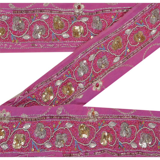 Sanskriti Vintage 1 Yd Sari Border Hand Beaded Craft Trim Dã©Cor Ribbon Pink Lace