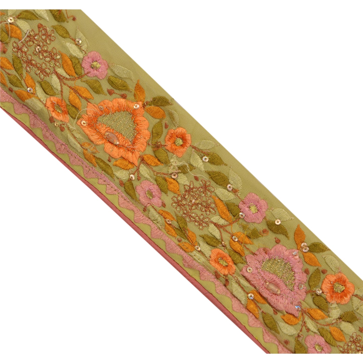 Sanskriti Vintage 1 Yd Sari Border Hand Beaded Craft Trim Sewing Green Lace