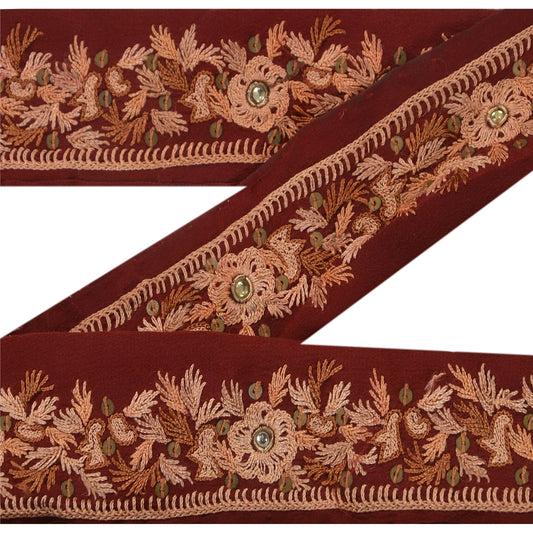 Sanskriti Vintage 1 Yd Sari Border Hand Beaded Craft Trim Ribbon Dark Red Lace