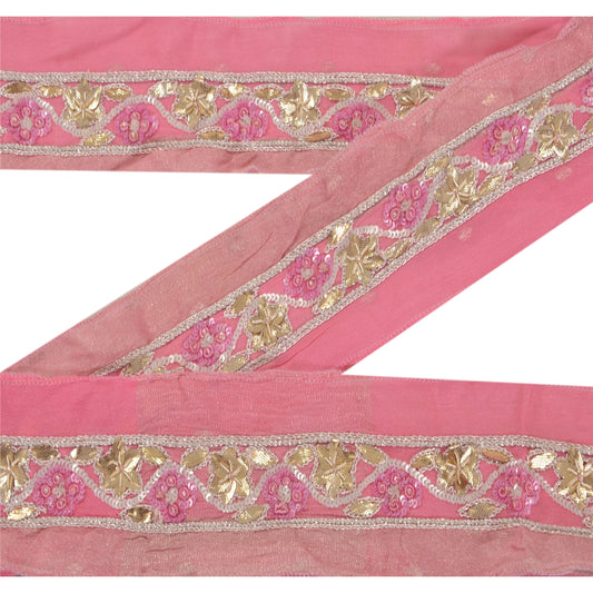 Sanskriti Vintage 1 Yd Sari Border Hand Beaded Craft Trim Dã©Cor Ribbon Pink Lace