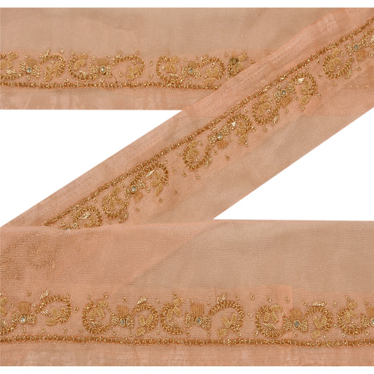 Sanskriti Vintage 1 Yd Sari Border Hand Beaded Trim Ribbon Peach Craft Lace