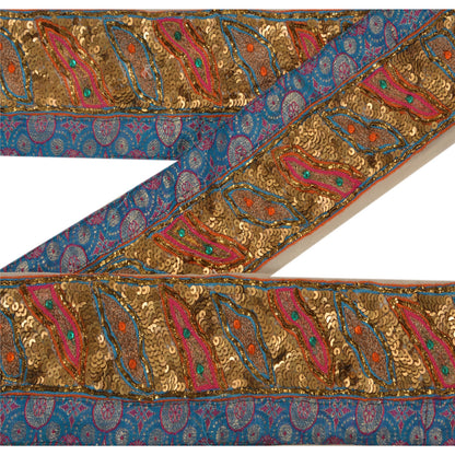 Sanskriti Vintage 1 Yd Sari Border Craft Hand Beaded Indian Sewing Blue Lace