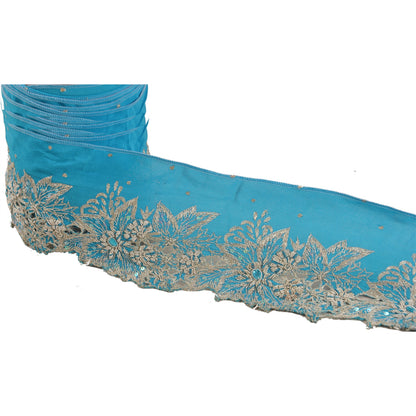 Sanskriti Vintage 1 Yd Sari Border Antique Hand Beaded Indian Sewing Blue Lace