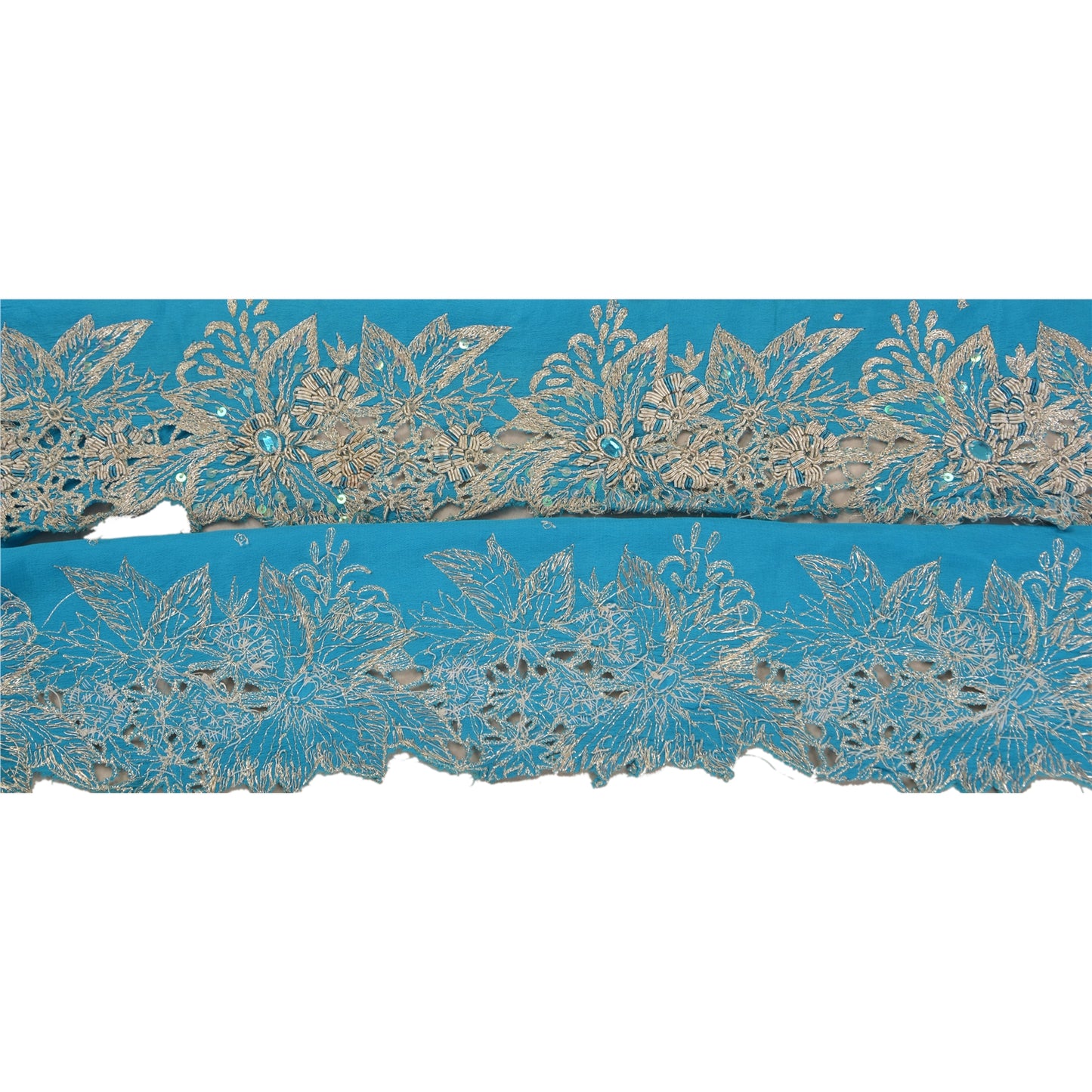 Sanskriti Vintage 1 Yd Sari Border Antique Hand Beaded Indian Sewing Blue Lace