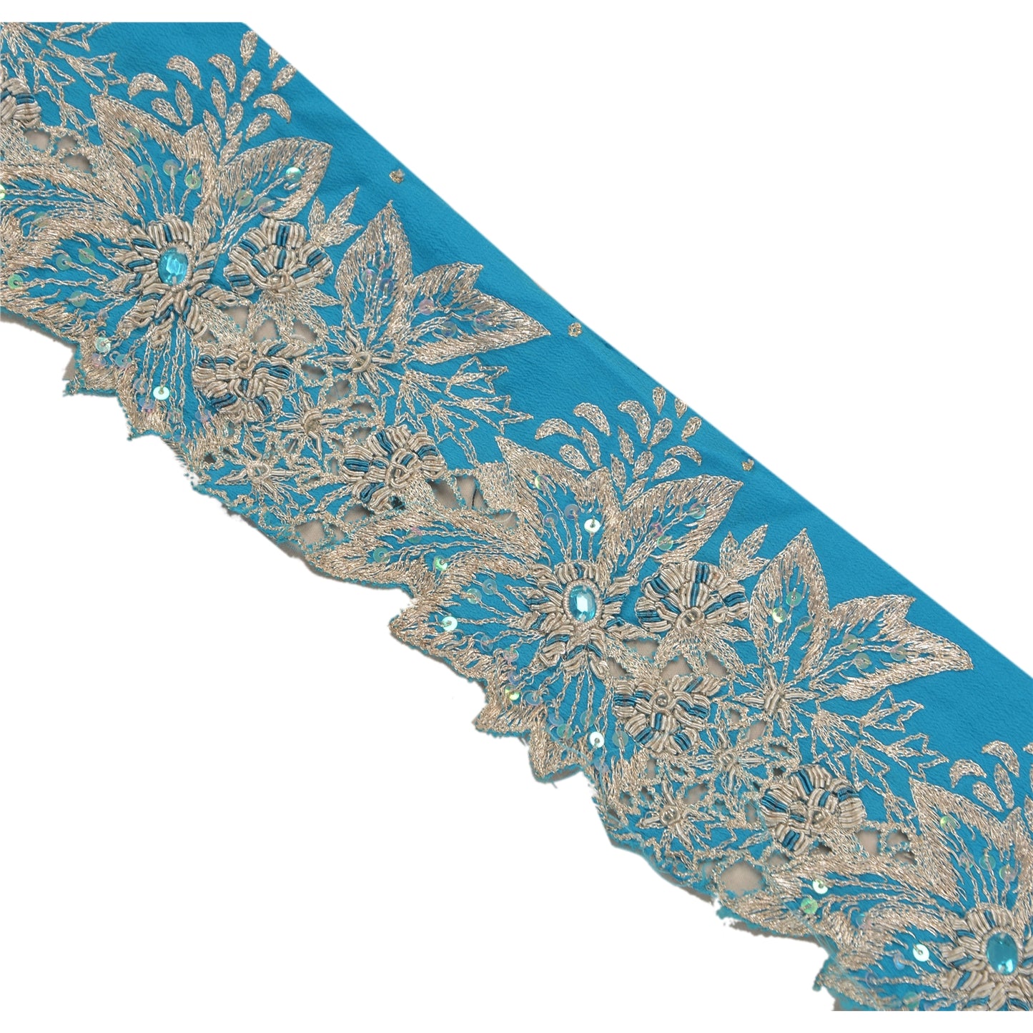 Sanskriti Vintage 1 Yd Sari Border Antique Hand Beaded Indian Sewing Blue Lace