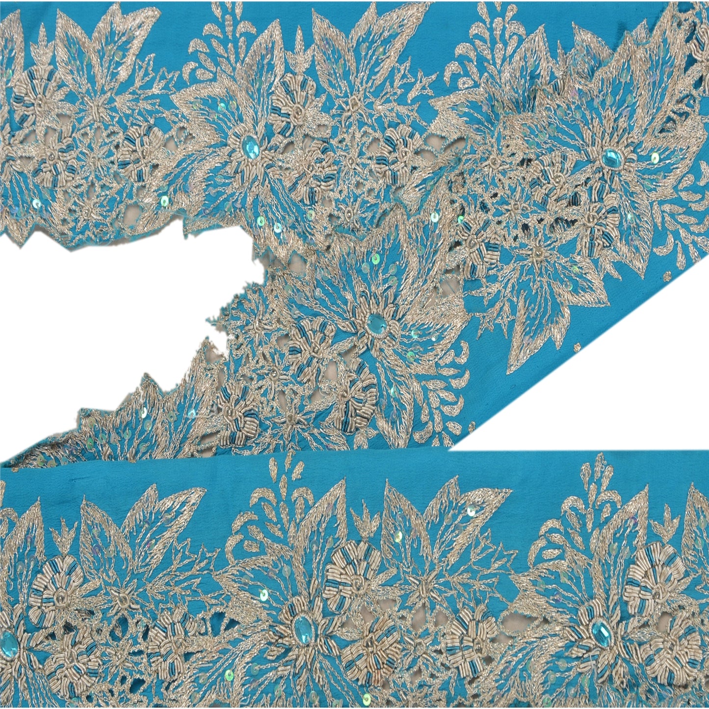 Sanskriti Vintage 1 Yd Sari Border Antique Hand Beaded Indian Sewing Blue Lace