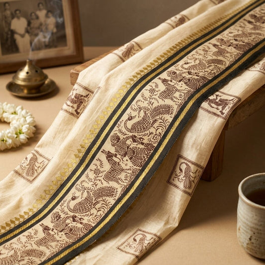 Sanskriti Vintage 1 YD Sari Border Cream Pure Silk Peacock Print Craft Trim Lace