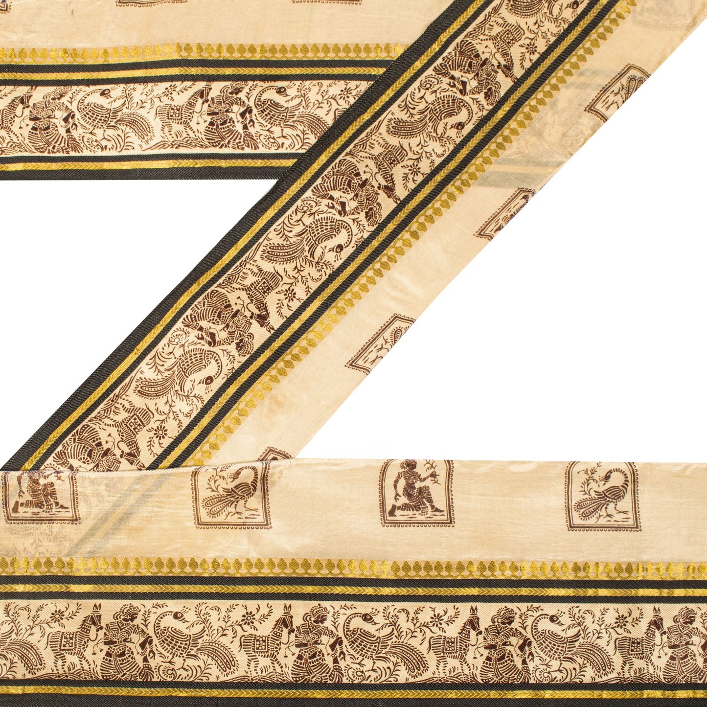 Sanskriti Vintage 1 YD Sari Border Cream Pure Silk Peacock Print Craft Trim Lace