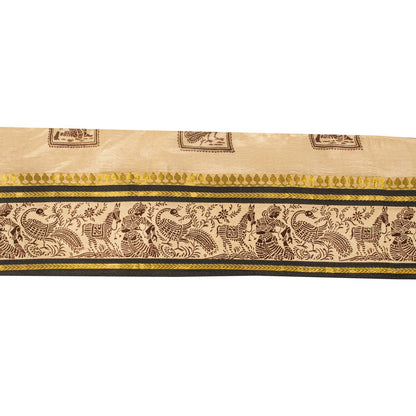 Sanskriti Vintage 1 YD Sari Border Cream Pure Silk Peacock Print Craft Trim Lace