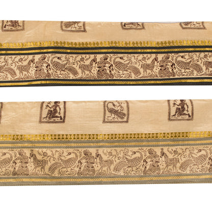 Sanskriti Vintage 1 YD Sari Border Cream Pure Silk Peacock Print Craft Trim Lace