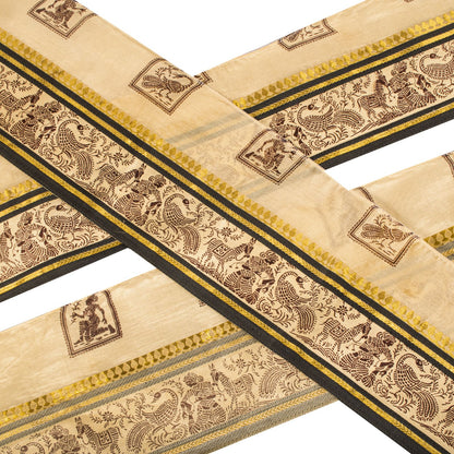 Sanskriti Vintage 1 YD Sari Border Cream Pure Silk Peacock Print Craft Trim Lace